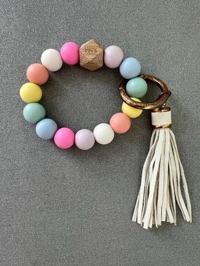 Women’s Wooden Bead 3.5” Bracelet Pastel Tassel Keyring - Multicolor